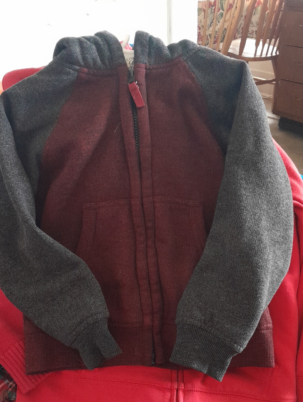 Faded Glory Two-Tone Zip Hoodie Jacket - Burgundy & Charcoal